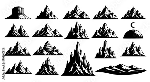 Mountain silhouette. Black outline minimal mountains shape for banner border and scenic backdrop. Isolated vector set, transparent background SVG version.