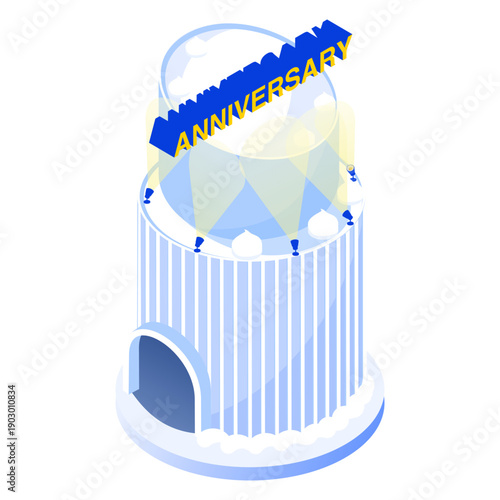 創立記念を祝うケーキ型ビルのイラスト（アイソメトリック）