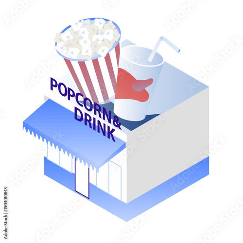 アイソメトリックなポップコーン＆ドリンク販売店のイラスト（映画館・売店）