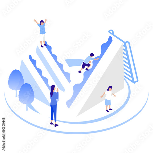 サンドイッチの遊具で遊ぶ子供たちのイラスト（アイソメトリック）