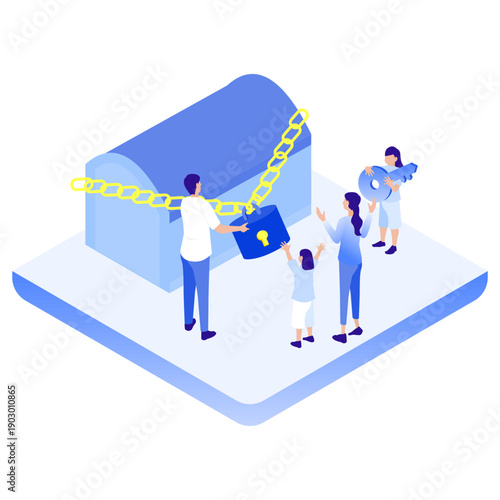 アイソメトリックな宝箱と鍵を持つ人々（謎解き・脱出ゲーム・解決）