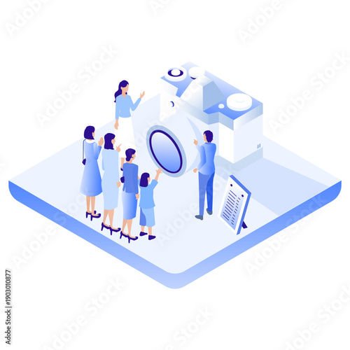巨大なカメラと記念撮影をする人々のアイソメトリックイラスト
