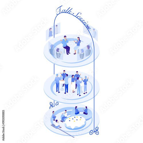 アイソメトリックなアフタヌーンティー・スタンド型ラウンジ（未来の交流空間）