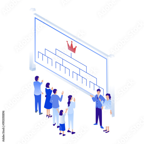 アイソメトリックな巨大トーナメント表と人々（大会・コンペ・勝負）