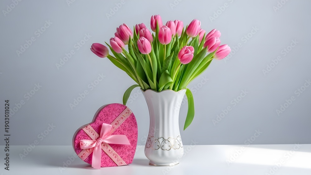 Fototapeta premium Pink tulips in white vase and heart shaped gift box on table