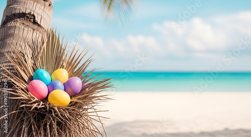 Easter eggs in nest on palm tree with tropical beach background ocean