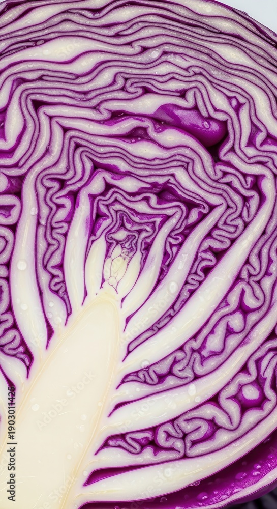 Obraz premium Sliced purple vegetable reveals intricate concentric patterns and tiny moisture droplets