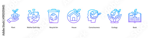 Sustainable Living web banner illustration featuring Plant, Mother Earth day, Recycle bin, House, Consciousness, Ecology, and Book.