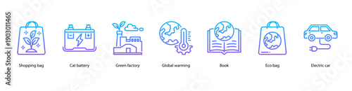 Green Innovation web banner illustration featuring Shopping bag, Cat battery, Green factory, Global warming, Book, Eco bag, and Electric car.