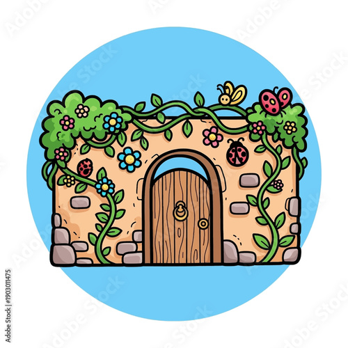 A charming, whimsical illustration of a fairy house with a wooden door, surrounded by lush green vines, colorful flowers, and ladybugs.