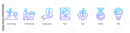Eco Awareness web banner illustration featuring Green energy, Throwing trash, Energy saving, Book, Gear, Medal, and Bulb.