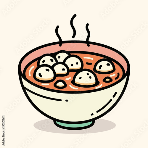 A steaming bowl of delicious soup with dumplings floating in it, presented in a simple cartoon style.