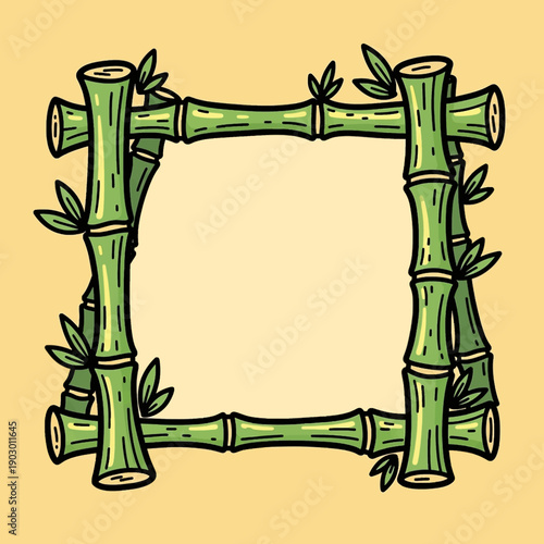 A square frame made of green bamboo stalks and leaves, with a light yellow background.