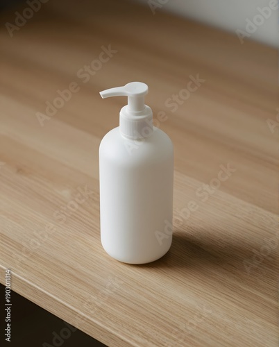Minimalistic White Pump Dispenser Bottle on a Wooden Surface in an Indoor Setting