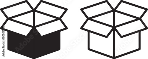 An illustration of a simple, open cardboard box with a lid. Vector