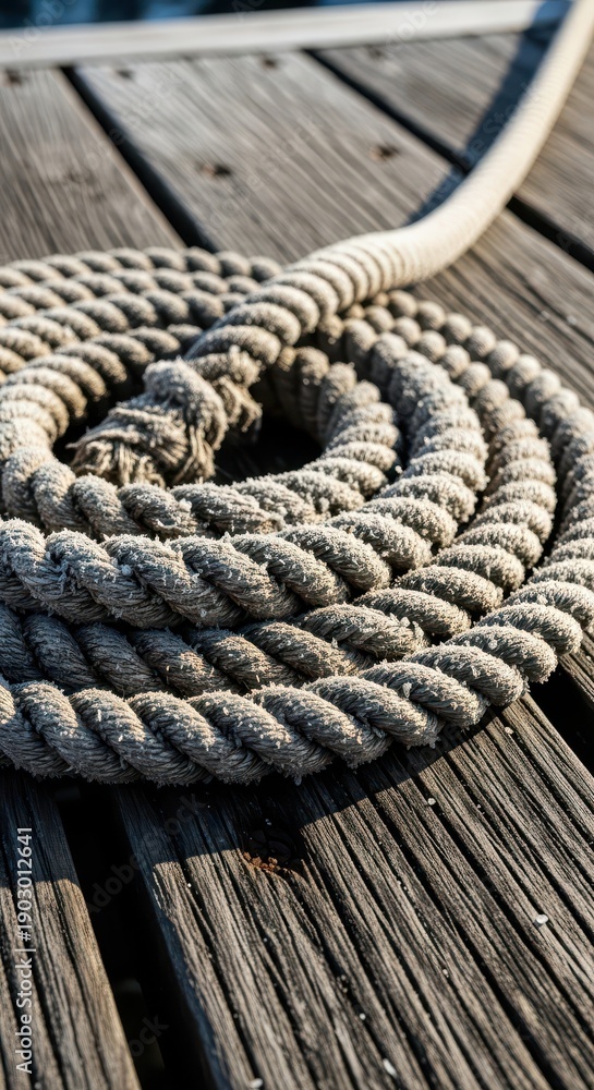 Fototapeta premium Thick nautical rope is coiled neatly on weathered wooden dock planks in bright daylight.