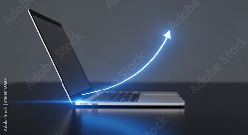 Laptop with a glowing blue arrow curving upwards, representing financial success, technological advancement, and positive trends.