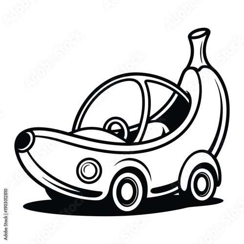 Whimsical cartoon banana shaped car with wheels and steering wheel isolated on transparent background