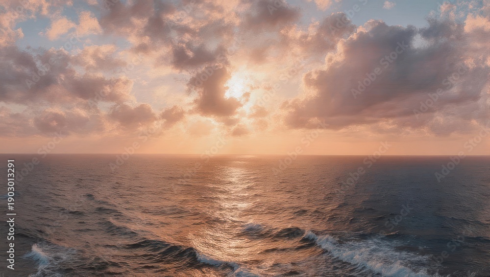 Fototapeta premium Ocean sunset with clouds and sun reflection on water.