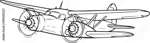 Classic Twin-Engine Airplane Line Art Illustration. Detailed outline drawing of a retro aircraft with propellers, ideal for aviation and vintage transport designs