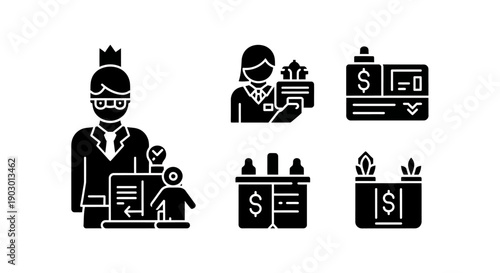 Business Icons: Manager, Cashier, Payment, Inventory, Plants