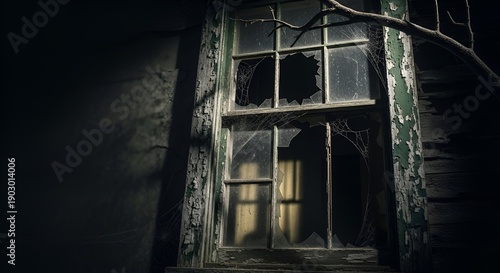 Abandoned window with broken panes stands in darkness, surrounded by decay and neglect, viewed from inside the dimly lit room