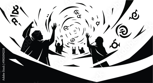 People reaching up towards a swirling vortex of abstract symbols and energy.