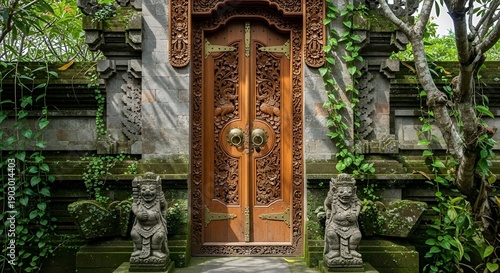 Ancient stone statues guarding an intricately carved wooden door surrounded by lush greenery