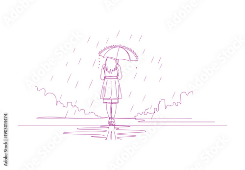 A woman with an umbrella is seen walking away during rainy weather. She is dressed in a coat. This artwork is a continuous line drawing. It represents a vector illustration in a line art style. 