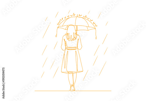 A woman carrying an umbrella is walking away on a rainy day. She is wearing a coat. This is a continuous line drawing. It is a vector illustration in a line art style. The stroke is editable.
