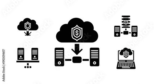 Cloud Computing Security Icons: Data Storage, Network Servers, Laptop Protection