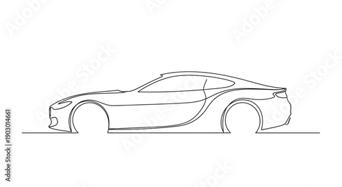 A continuous line art drawing of a modern sports car, viewed from the side, on a white background.
