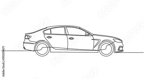 Continuous line drawing of a modern sedan car, viewed from the side, on a white background, minimalist automotive design illustration.