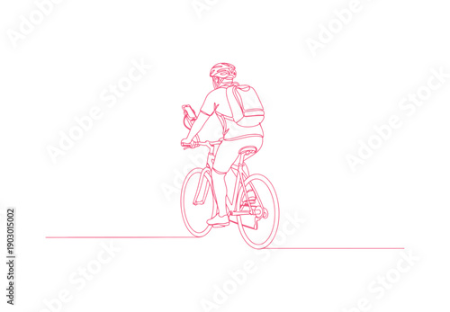A person cycling.  A mobile phone is fixed to the steering wheel.  Seen from the back. Continuous line drawing. Vector art in line style.