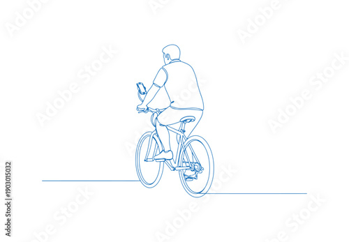Man on a bicycle.  Mobile device secured to the handlebars.  Rear view. Ongoing line drawing. Vector illustration in a line art style.