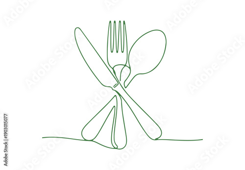 A flowing one-line design of a restaurant logo showcasing a knife, fork, and spoon. Vector illustration.

