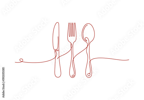 A continuous line art of a restaurant logo that has a knife, fork, and spoon. Vector illustration.