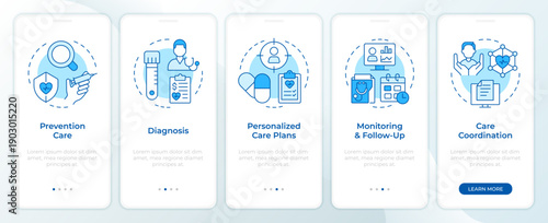 Chronic disease management components blue onboarding mobile app screen. Walkthrough 5 steps editable graphic instructions with linear concepts. UI, UX, GUI. Montserrat SemiBold, Regular fonts used