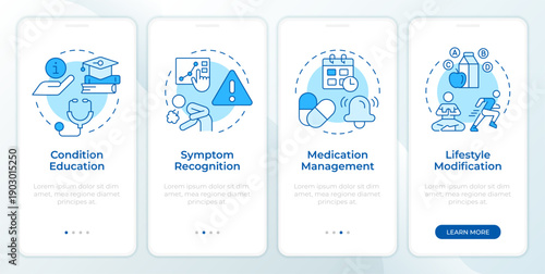 Self treatment pillars blue onboarding mobile app screen. Walkthrough 4 steps editable graphic instructions with linear concepts. UI, UX, GUI. Montserrat SemiBold, Regular fonts used
