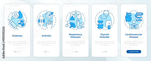 Major chronic diseases blue onboarding mobile app screen. Walkthrough 5 steps editable graphic instructions with linear concepts. UI, UX, GUI. Montserrat SemiBold, Regular fonts used