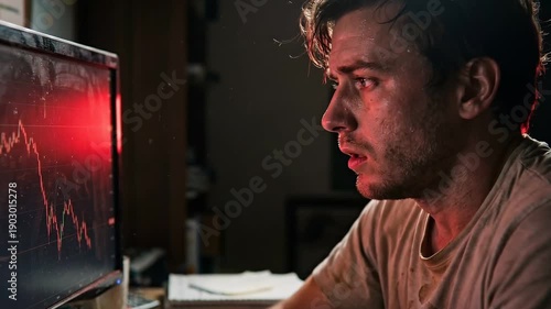 Anxious Trader Watching Crypto Market Crash on Monitors at Night