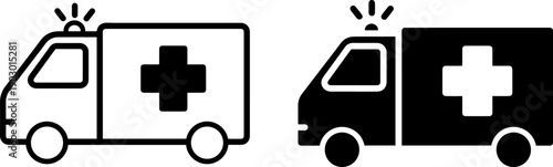 Ambulances with flashing lights in black and white