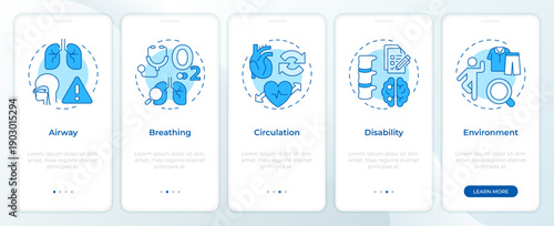 Patient diagnostics methodology blue onboarding mobile app screen. Walkthrough 5 steps editable graphic instructions with linear concepts. UI, UX, GUI. Montserrat SemiBold, Regular fonts used