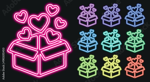 Neon glowing gift boxes for love Hard shape & celebration, surprise, and holidays