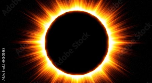 Total solar eclipse corona with bright orange rays against black starry sky total eclipse solar flares