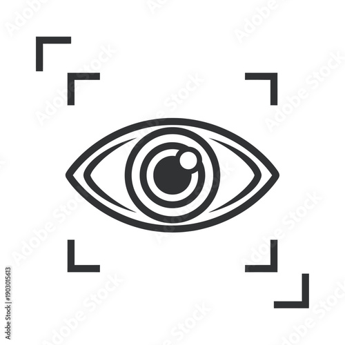 A stylized black and white line art icon representing an eye within a focus or scan frame.