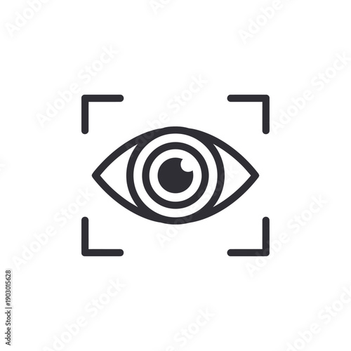 A minimalist black and white line art icon representing an eye within a square frame, symbolizing vision or surveillance.
