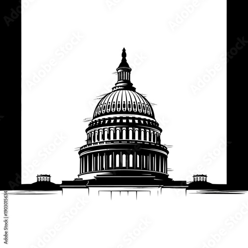A striking black and white illustration of the United States Capitol Building, emphasizing its iconic dome and classical architecture.