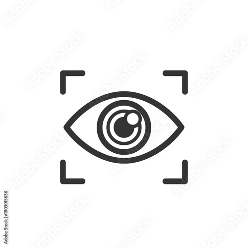 A minimalist black and white icon representing an eye within a square focus frame, symbolizing vision or surveillance.