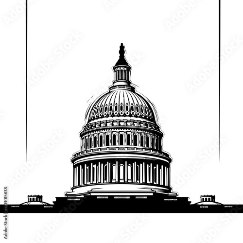 A striking black and white illustration of the United States Capitol Building, showcasing its iconic dome and neoclassical architecture.